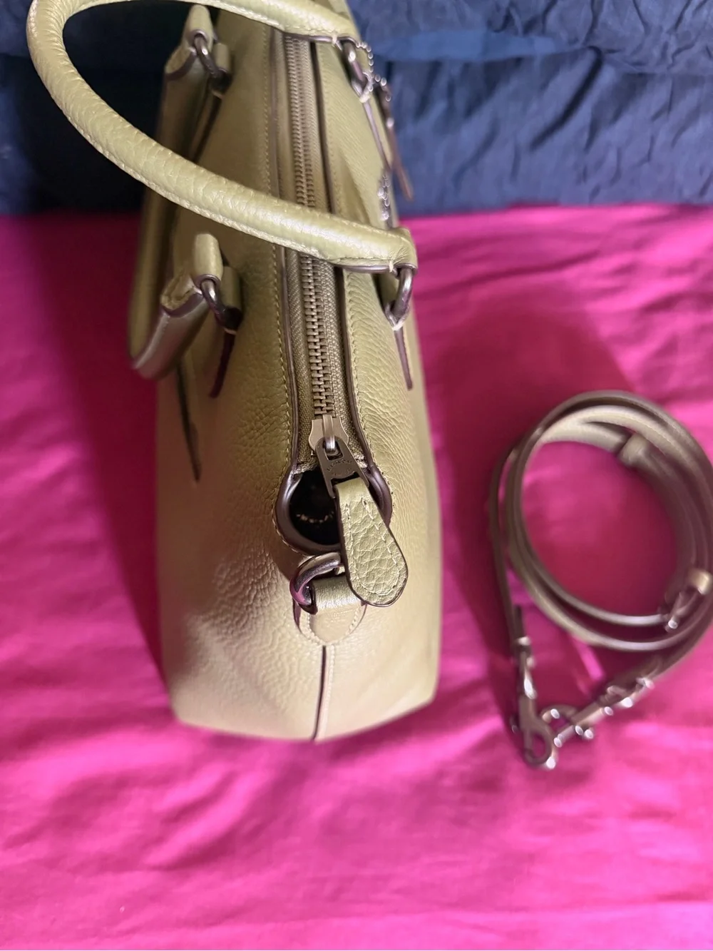 Coach Olive Green Pebbled Leather Satchel with Detachable Strap